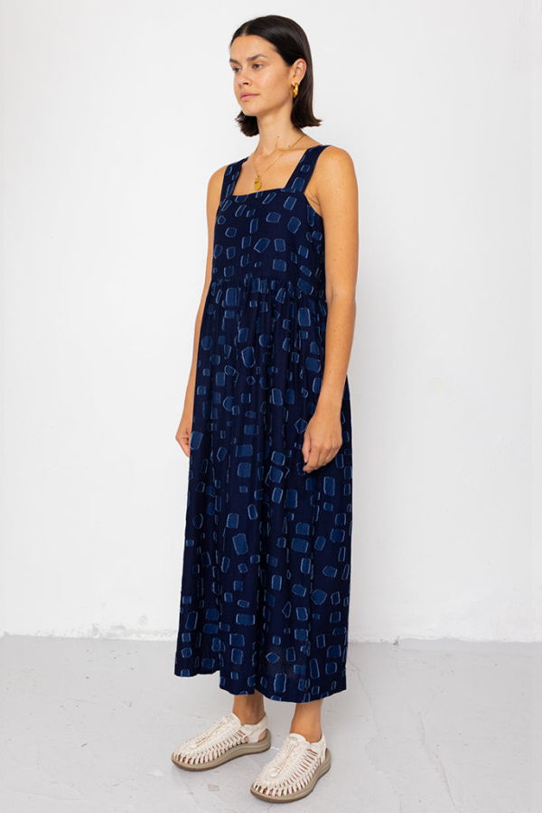 FOLK Midi Day Dress in Indigo Irregular Dot