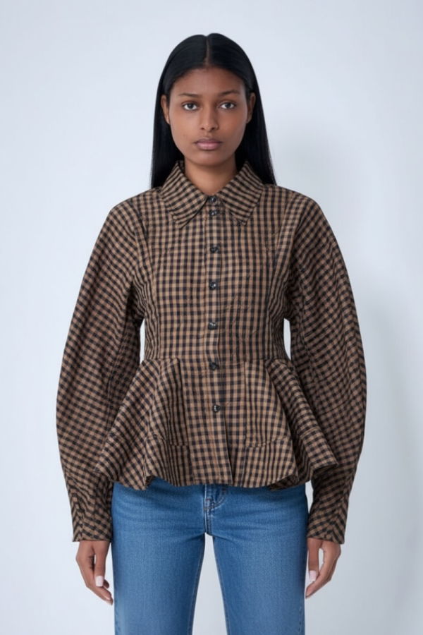 Ganni Crinkled Taffeta Check Peplum Blouse - Tobacco