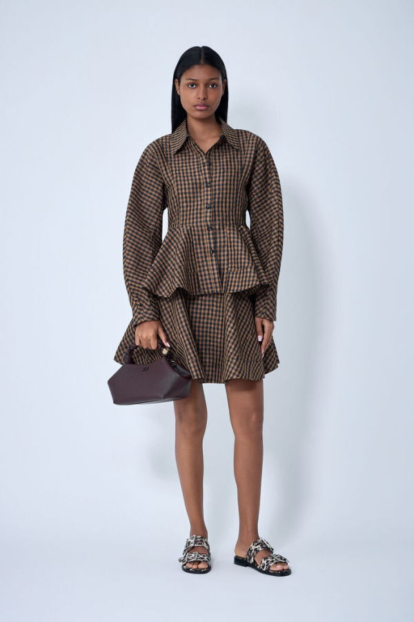 Ganni Crinkled Taffeta Check Peplum Blouse - Tobacco