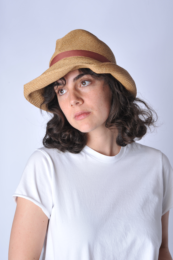 Mature Ha Mixed Brown Pale Red Ribbon Large Brimmed Box Hat