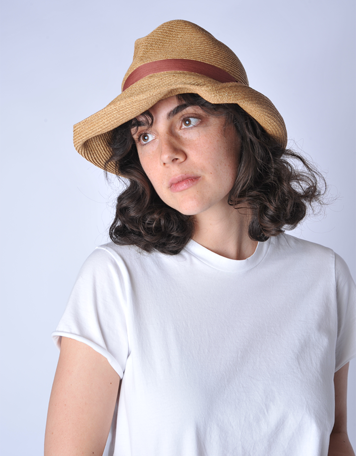 Mature Ha Mixed Brown Pale Red Ribbon Large Brimmed Box Hat - Image 1 of 6