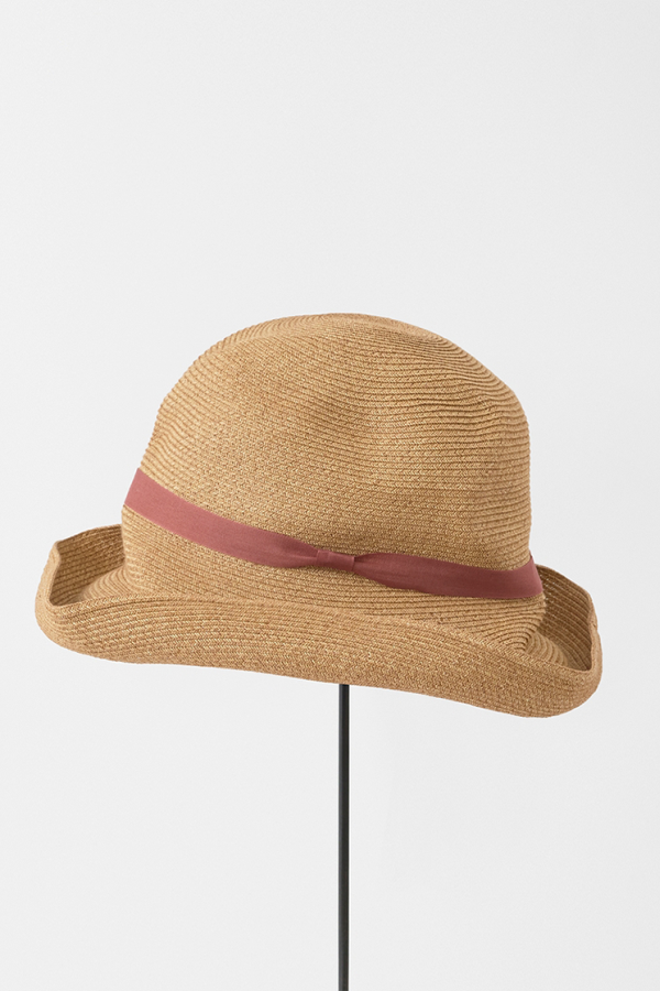 Mature Ha Mixed Brown Pale Red Ribbon Large Brimmed Box Hat