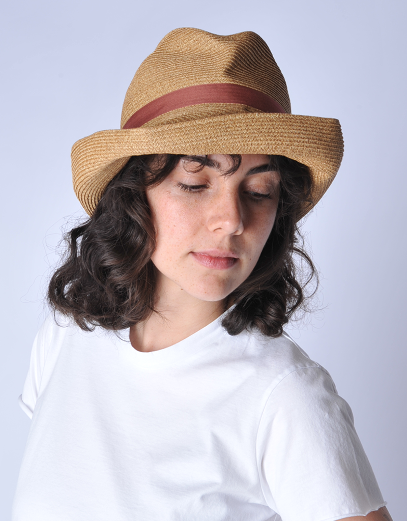 Mature Ha Mixed Brown Pale Red Ribbon Large Brimmed Box Hat