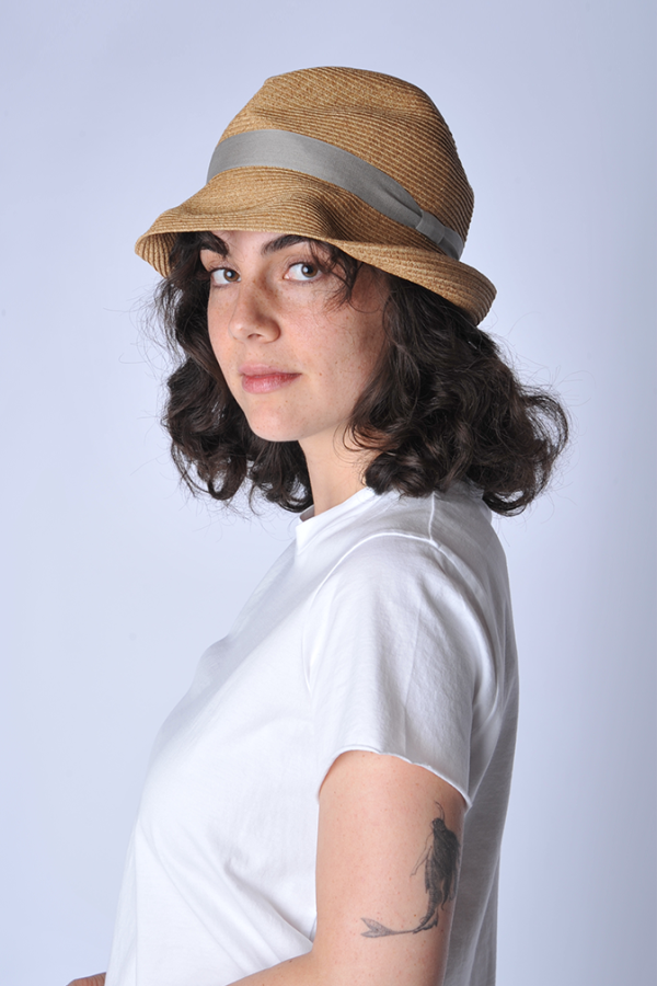 Mature Ha Mixed Ribbon Small Brimmed Box Hat - Brown/Grey 