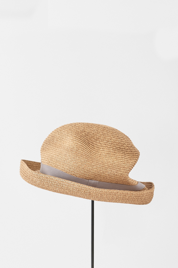 Mature Ha Mixed Ribbon Small Brimmed Box Hat - Brown/Grey 