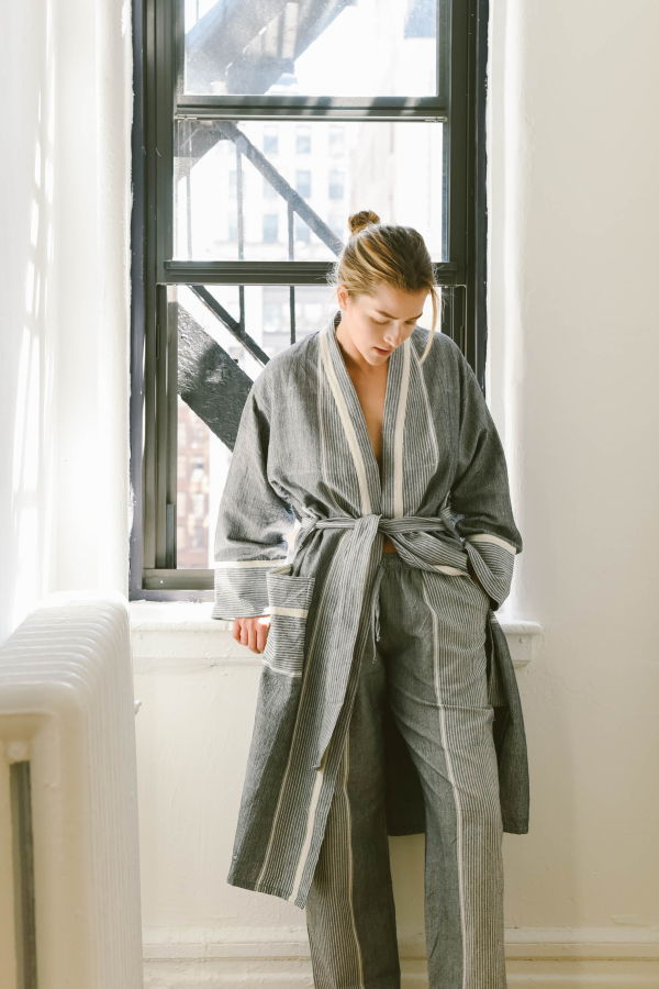 Home & Loft Grey Stripe Tribeca Long Bathrobe