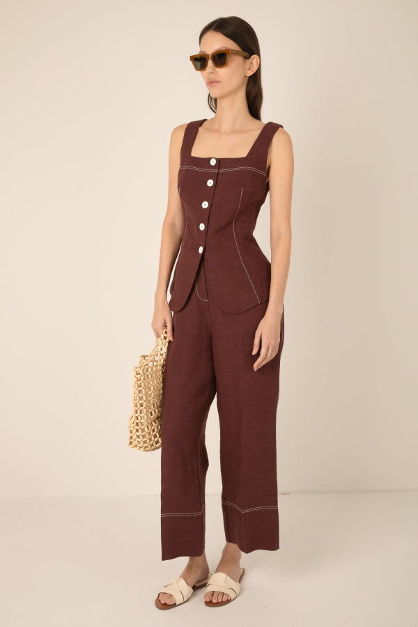 Vivere Carine Linen Button Top - Burgundy