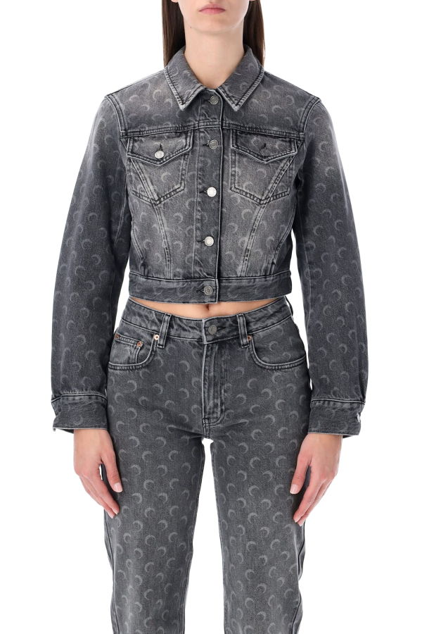 MARINE SERRE Moon Laser Grey Wash Cropped Denim Jacket - Dark Grey
