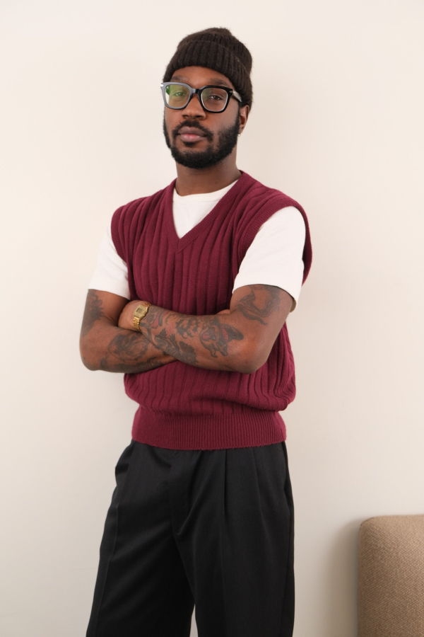 Hermine Vintage 90s Claret Cotton Blend Ribbed Sleeveless Sweater Vest - Burgundy