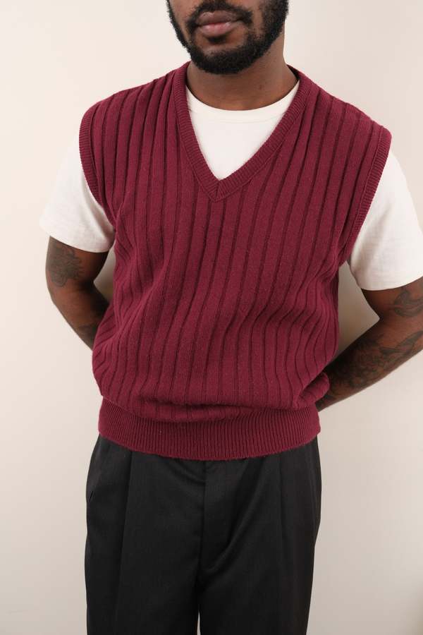 Hermine Vintage 90s Claret Cotton Blend Ribbed Sleeveless Sweater Vest - Burgundy