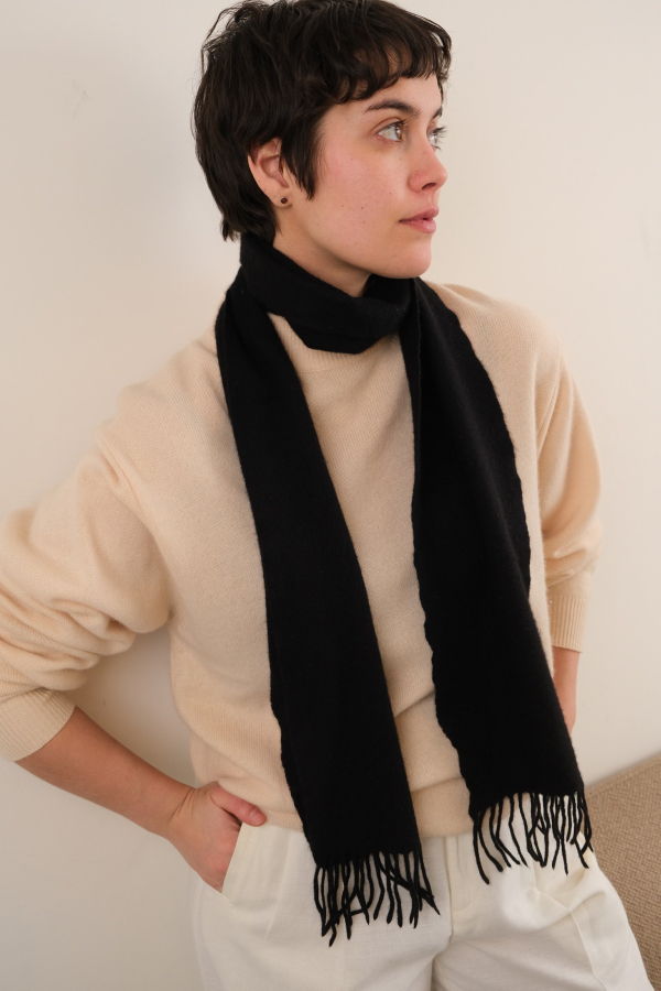 Hermine Vintage 90s Raven Cashmere Fringe Scarf - Black