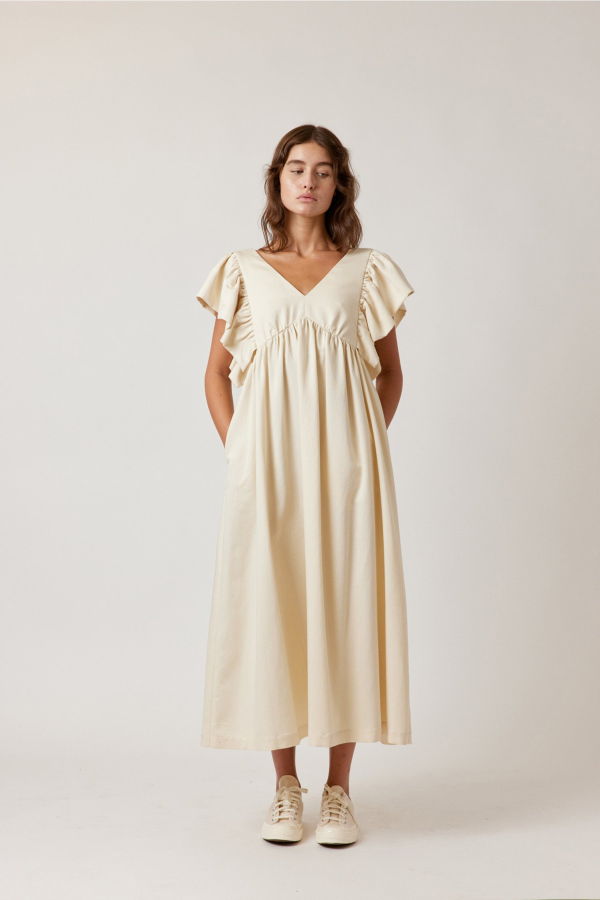 amente Ruffle Sleeve Midi Dress - Ecro
