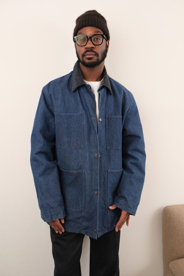 Hermine Vintage 80s Dark Wash Cotton Denim Chore Jacket - Blue