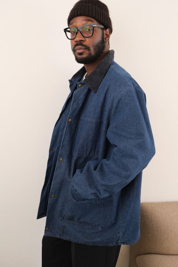 Hermine Vintage 80s Dark Wash Cotton Denim Chore Jacket - Blue