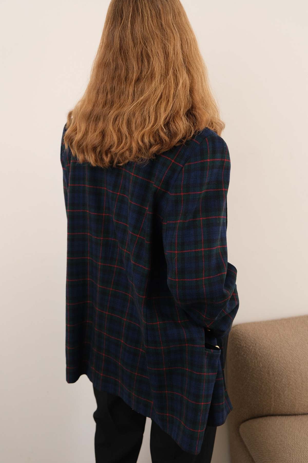 Hermine Vintage 90s Midnight Wool Windowpane Double-Breasted Blazer - Navy - Image 3 of 3