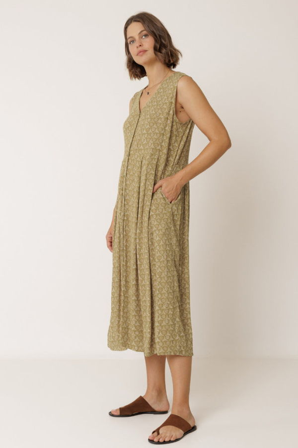 Indi & Cold Block Print Dress - Khaki
