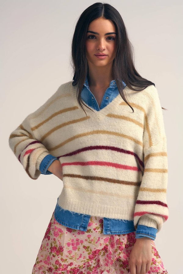 The Collective Park City Cream Oversized Sweater with Multicolor Stripes - Cream