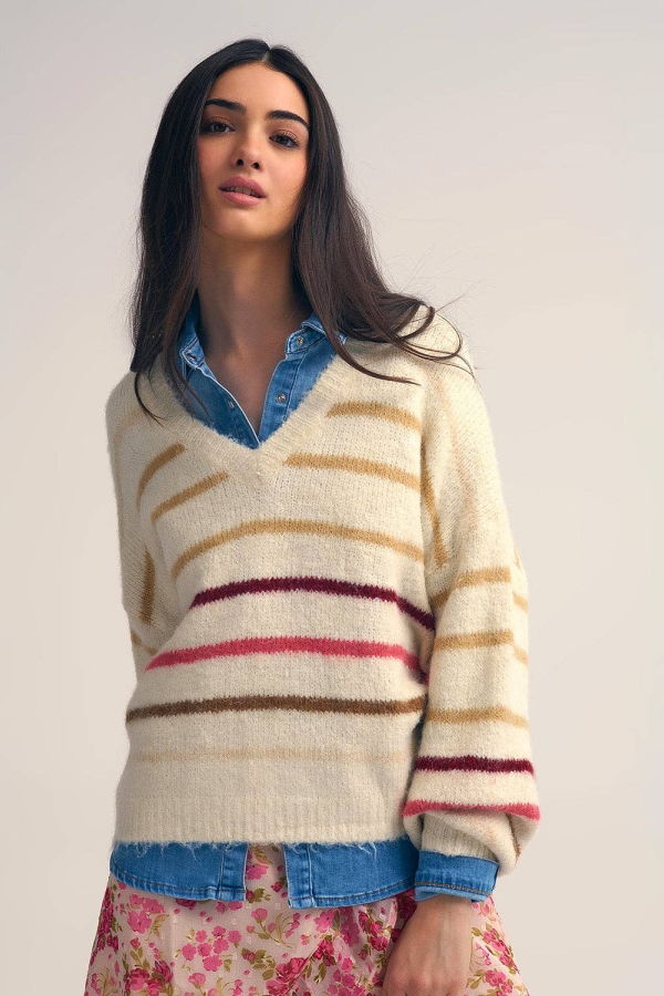 The Collective Park City Cream Oversized Sweater with Multicolor Stripes - Cream