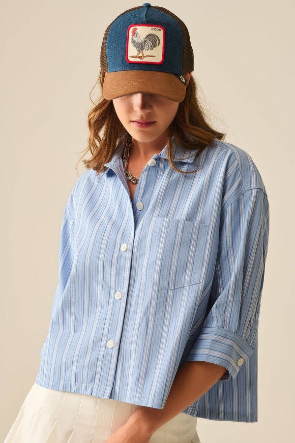 The Collective Park City Cropped Poplin Button Down Top - Blue