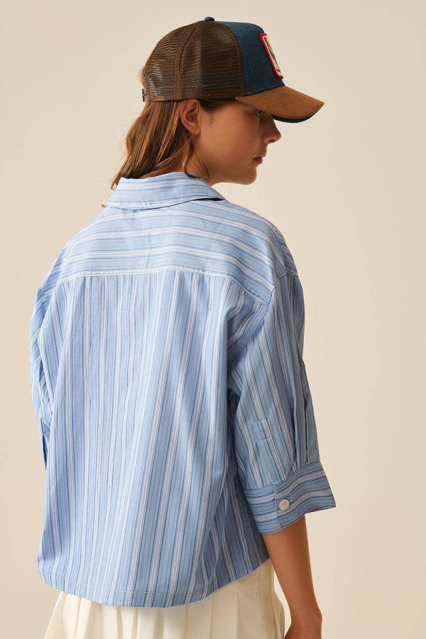 The Collective Park City Cropped Poplin Button Down Top - Blue