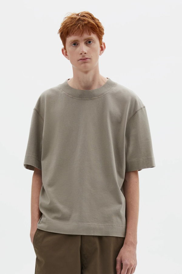 Margaret Howell Flatlock Crew Matte Jersey Black Taupe Tee