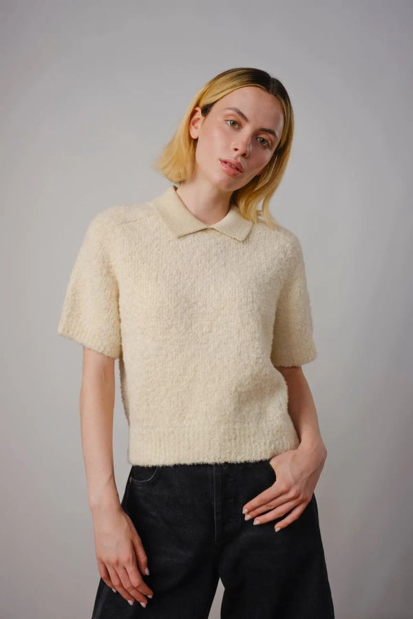 THE ENDERY Ramona Boucle Short Sleeve Sweater - Calcite