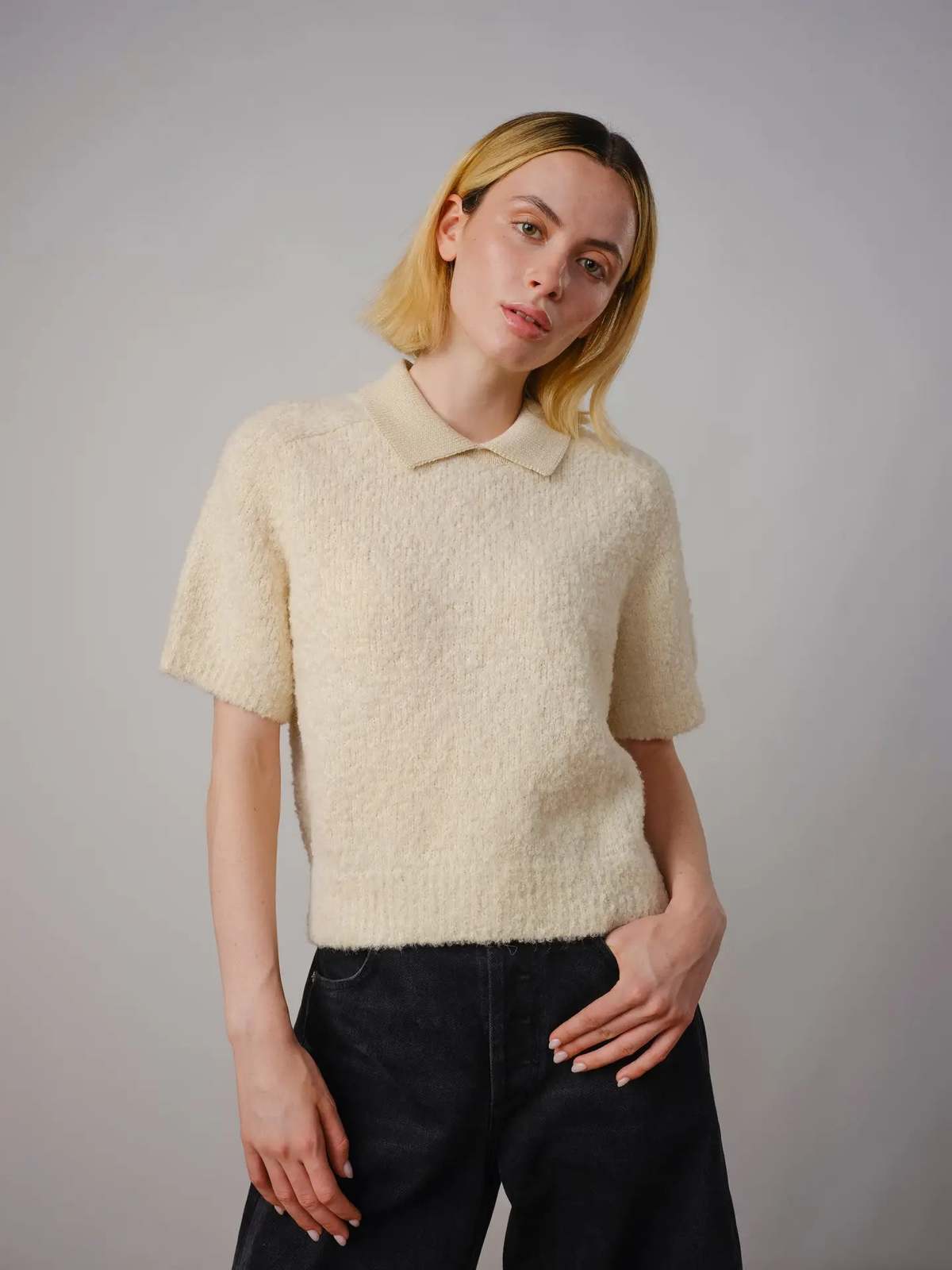 THE ENDERY Ramona Boucle Short Sleeve Sweater - Calcite - Image 2 of 4