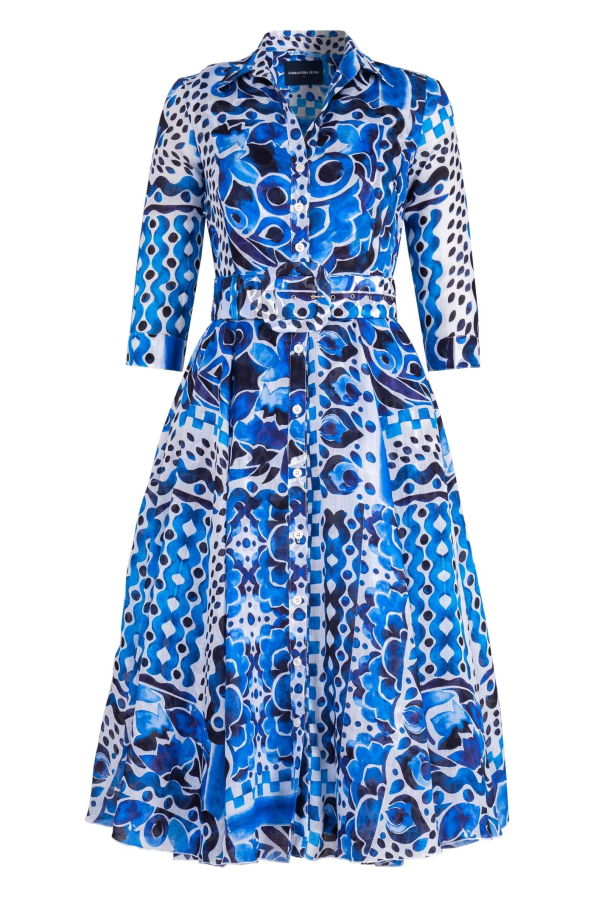 Samantha Sung Aster Watercolor Tile Mono Dress - White Blue