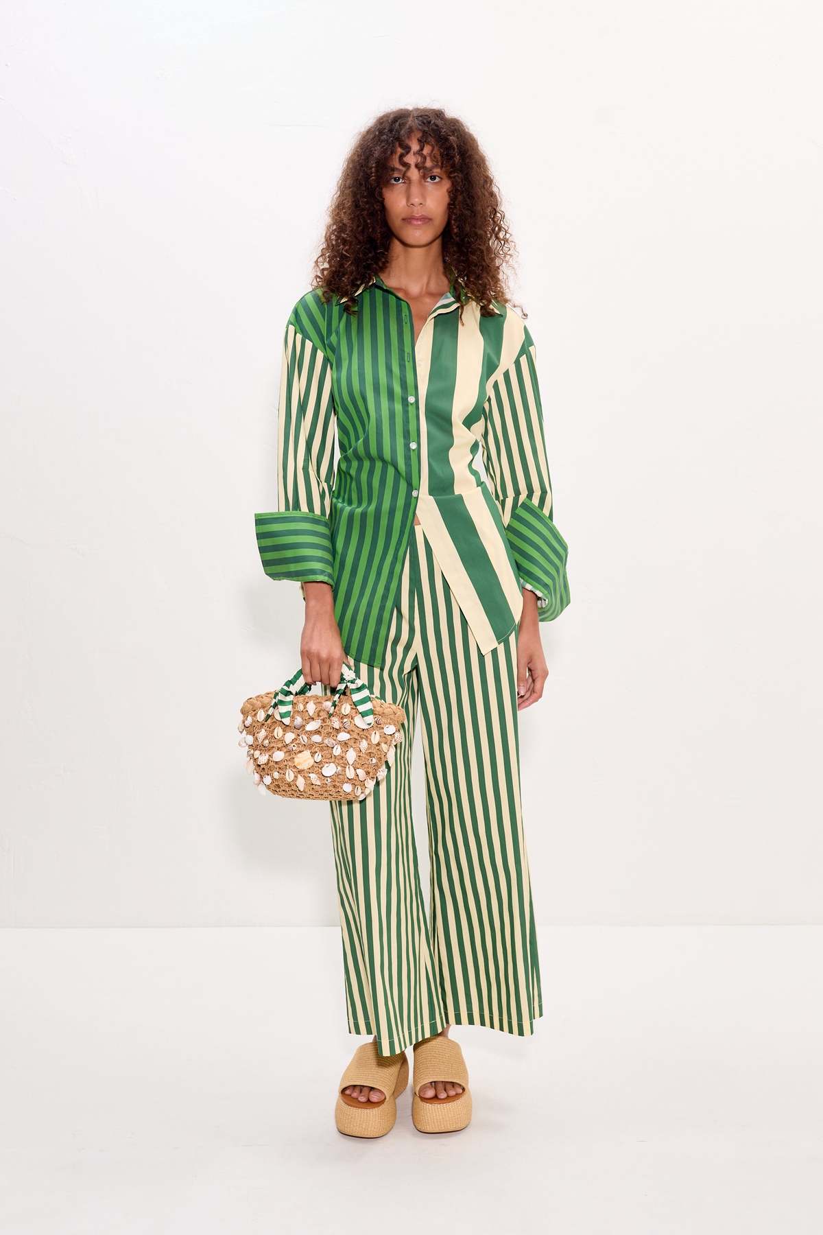 Simon Miller Loch Poplin Button Up Top - Green Stripe Combo - Image 2 of 5