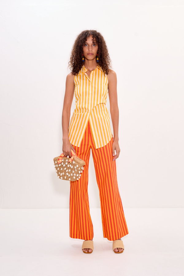 Simon Miller Loch Sleeveless Poplin Button Up Top - Sungold/Ecru Stripe