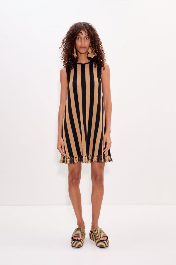 Simon Miller Moji Stripe Tassel Mini Dress - Black/Natural Combo
