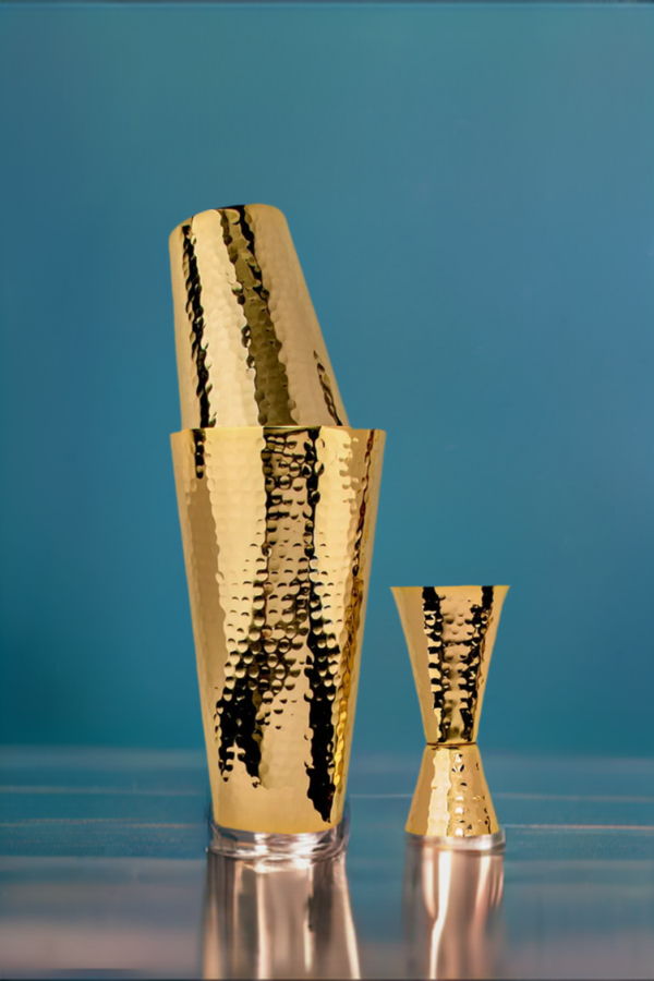 Prince of Scots Hammered Copper 3 Piece Cocktail Shaker Set - 24K Gold Plate