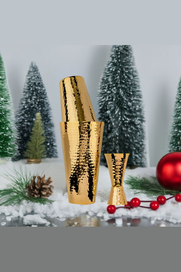 Prince of Scots Hammered Copper 3 Piece Cocktail Shaker Set - 24K Gold Plate