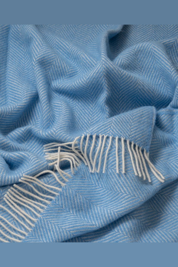 Prince of Scots Highland Tweeds Herringbone Pure New Wool Throw - Sky Blue
