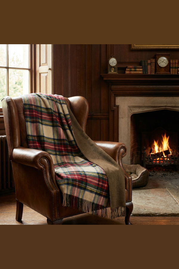 Prince of Scots Double Merino Wool Reversible Antiqued Dress Stewart Tartan Throw - Earth Tones
