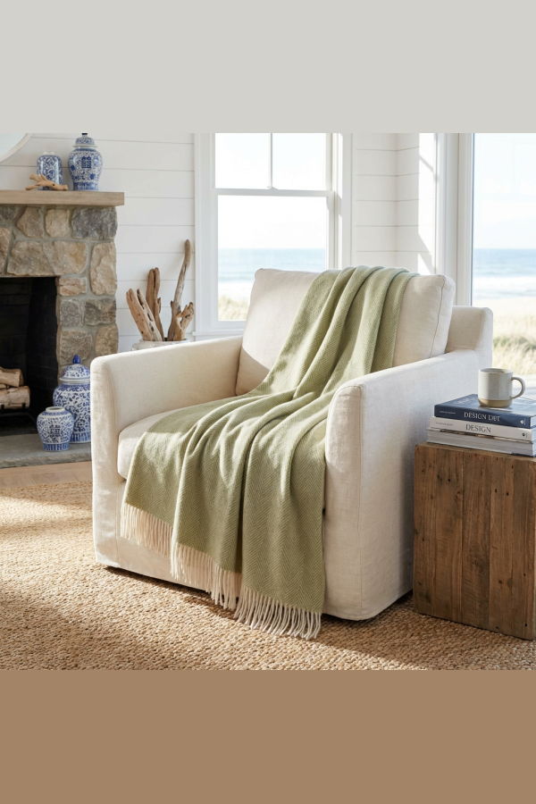 Prince of Scots Southampton Home Merino Wool Herringbone Throw - Celery