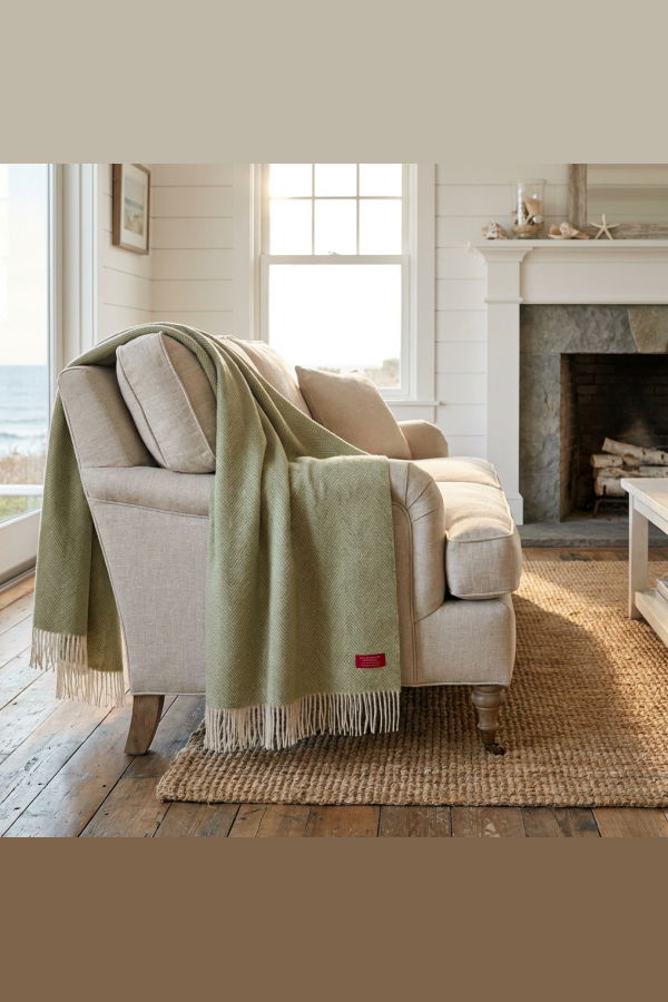 Prince of Scots Southampton Home Merino Wool Herringbone Throw - Celery