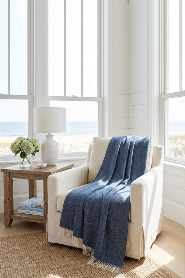 Prince of Scots Southampton Home Merino Wool Herringbone Throw Blanket - Navy