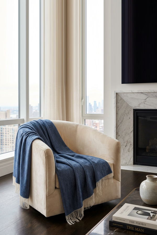 Prince of Scots Southampton Home Merino Wool Herringbone Throw Blanket - Navy