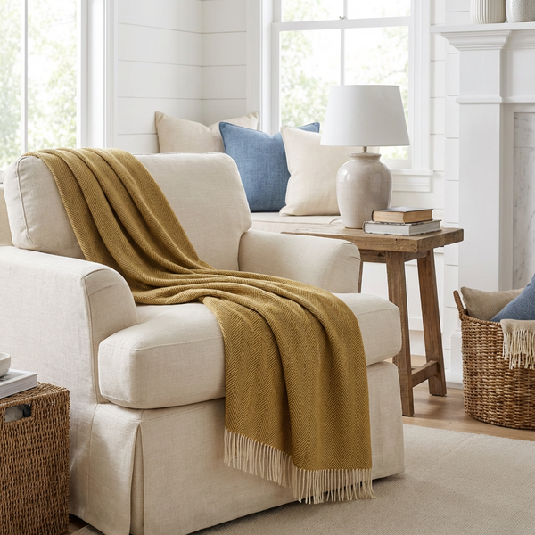 Prince of Scots Southampton Home Merino Wool Herringbone Throw - Gold
