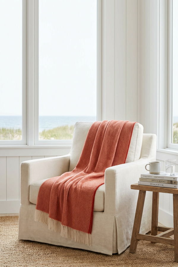 Prince of Scots Southampton Home Merino Wool Herringbone Throw - Melon