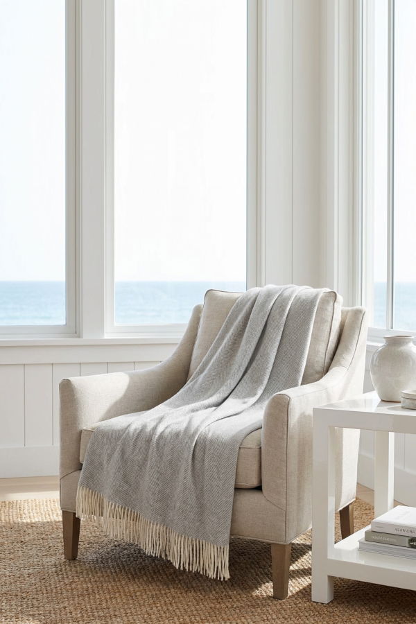 Prince of Scots Southampton Home Merino Wool Herringbone Throw - Silver