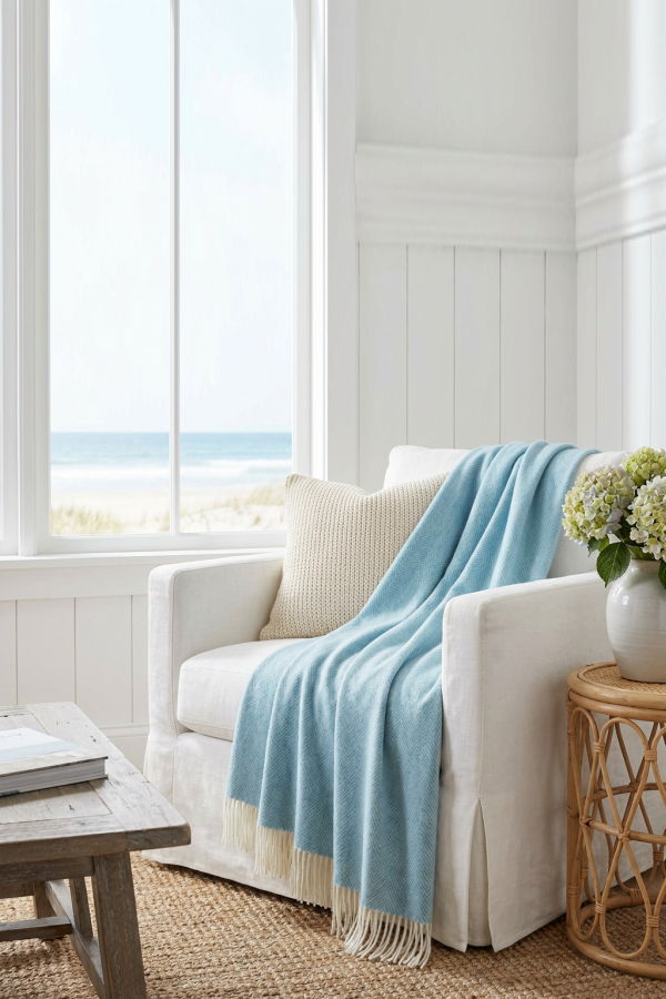 Prince of Scots Southampton Home Merino Wool Herringbone Throw - Sky Blue