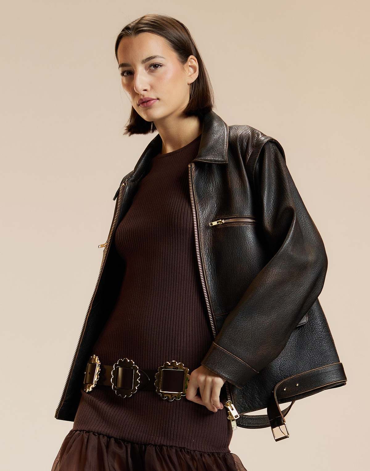 Cynthia Rowley Winona Leather Oversized Jacket - Brown - Image 1 of 8