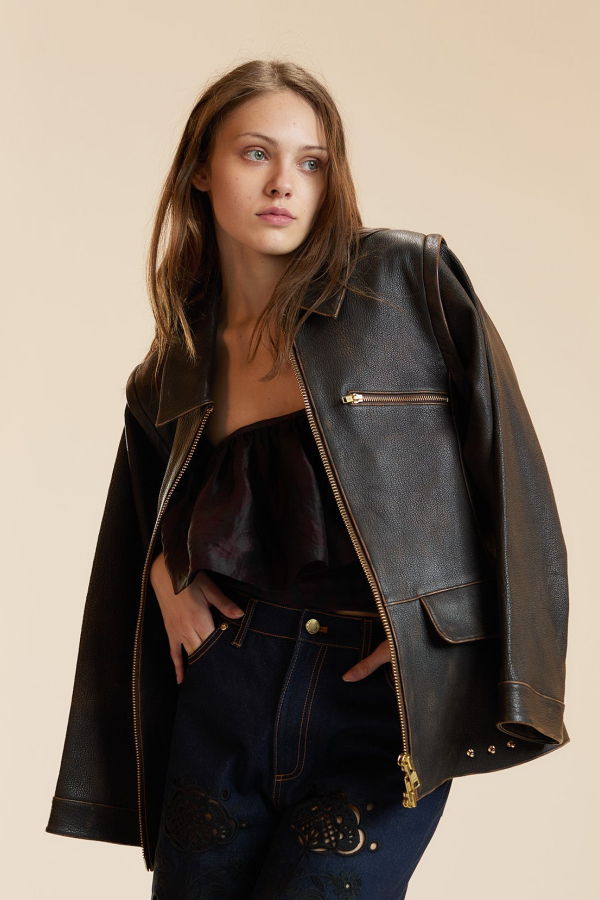 Cynthia Rowley Winona Leather Oversized Jacket - Brown