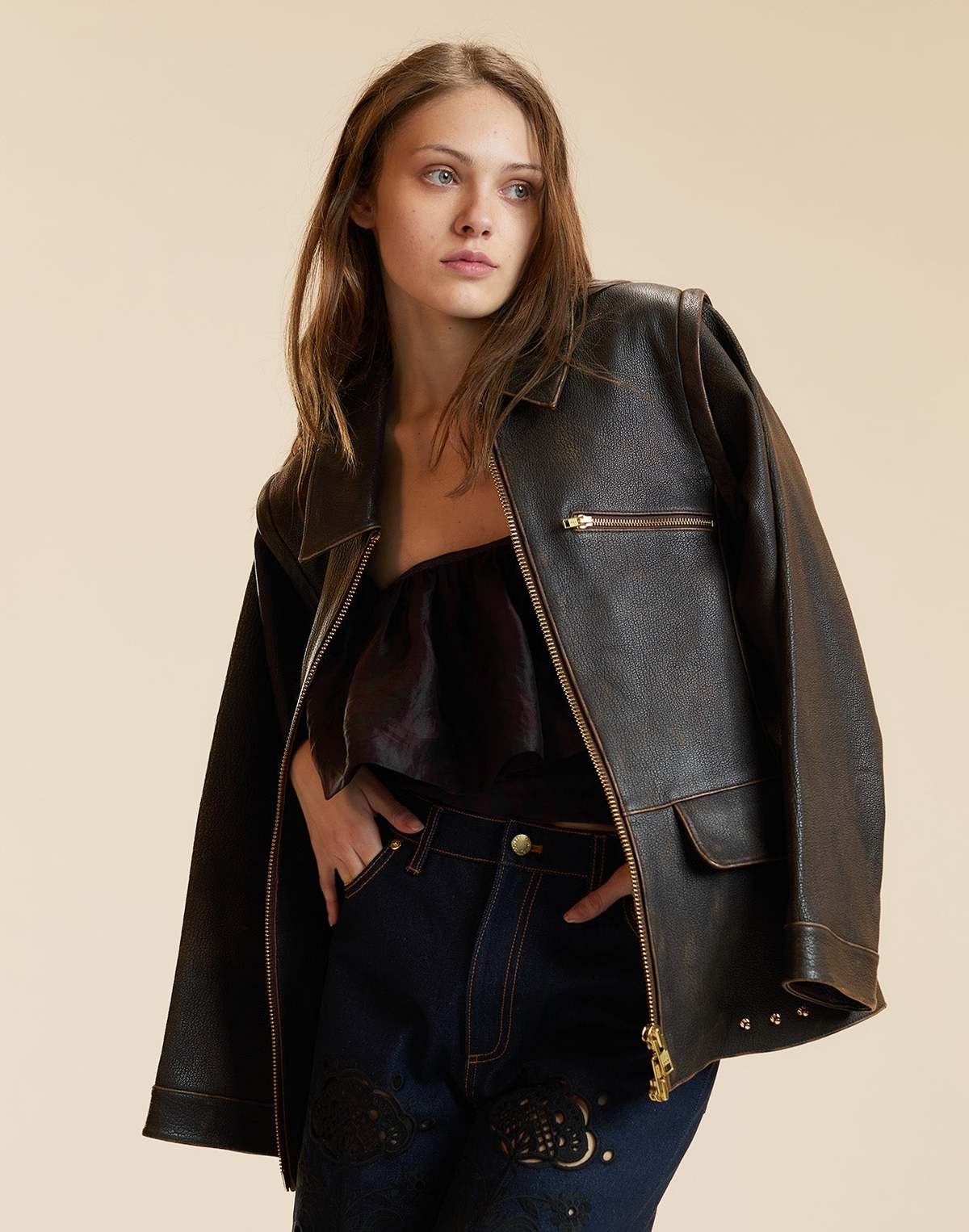 Cynthia Rowley Winona Leather Oversized Jacket - Brown - Image 2 of 8