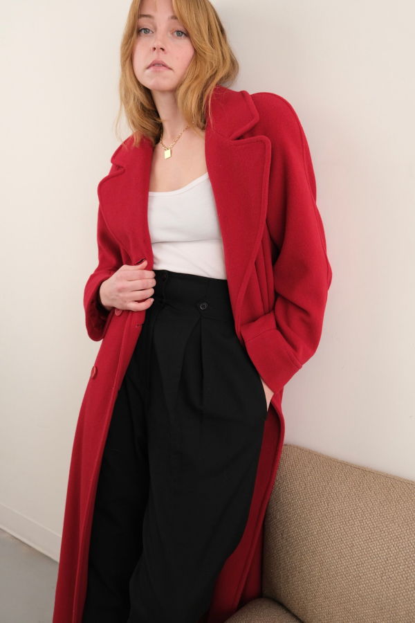 Hermine Vintage 80s Cranberry Wool Longline Button Up Coat - Red