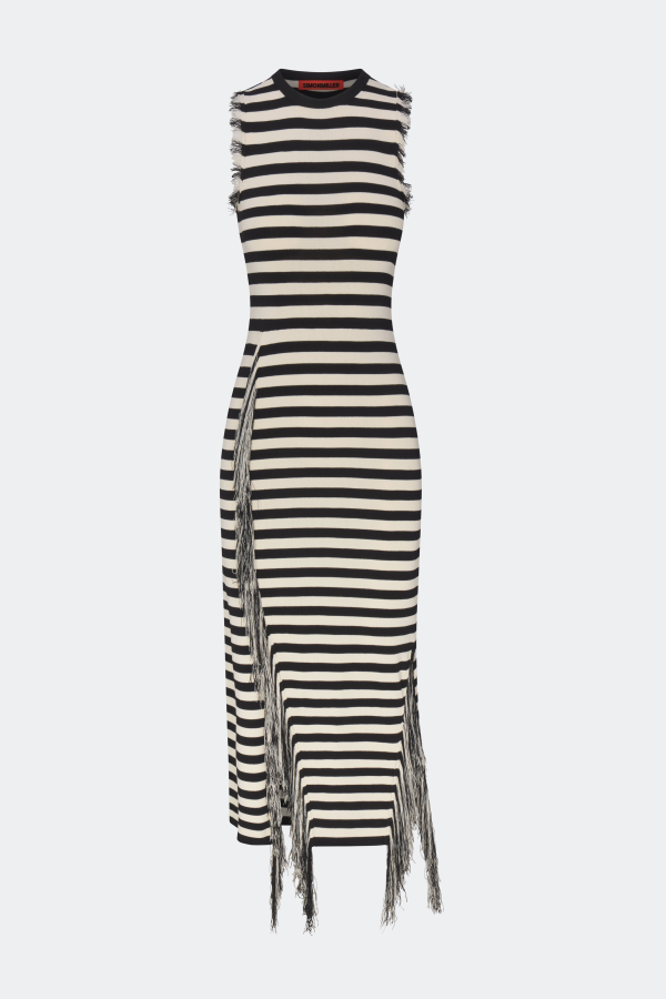 Simon Miller Sabine Fringe Knit Dress - Black/White Stripe