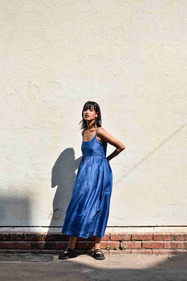 Studio Within Gathered Silk Dress - Medium Indigo