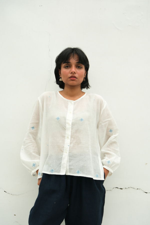 Studio Within Gathering Flowers: Jamdani Blouse - White